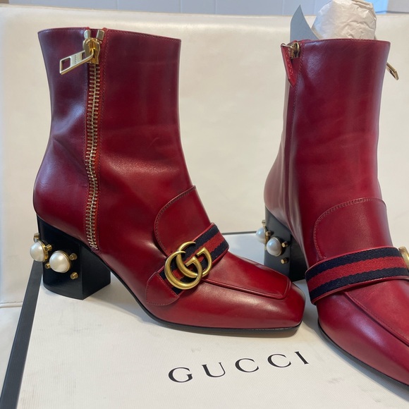 Gucci Red Pearl Embellished Peyton Ankle Boots - Picture 4 of 5